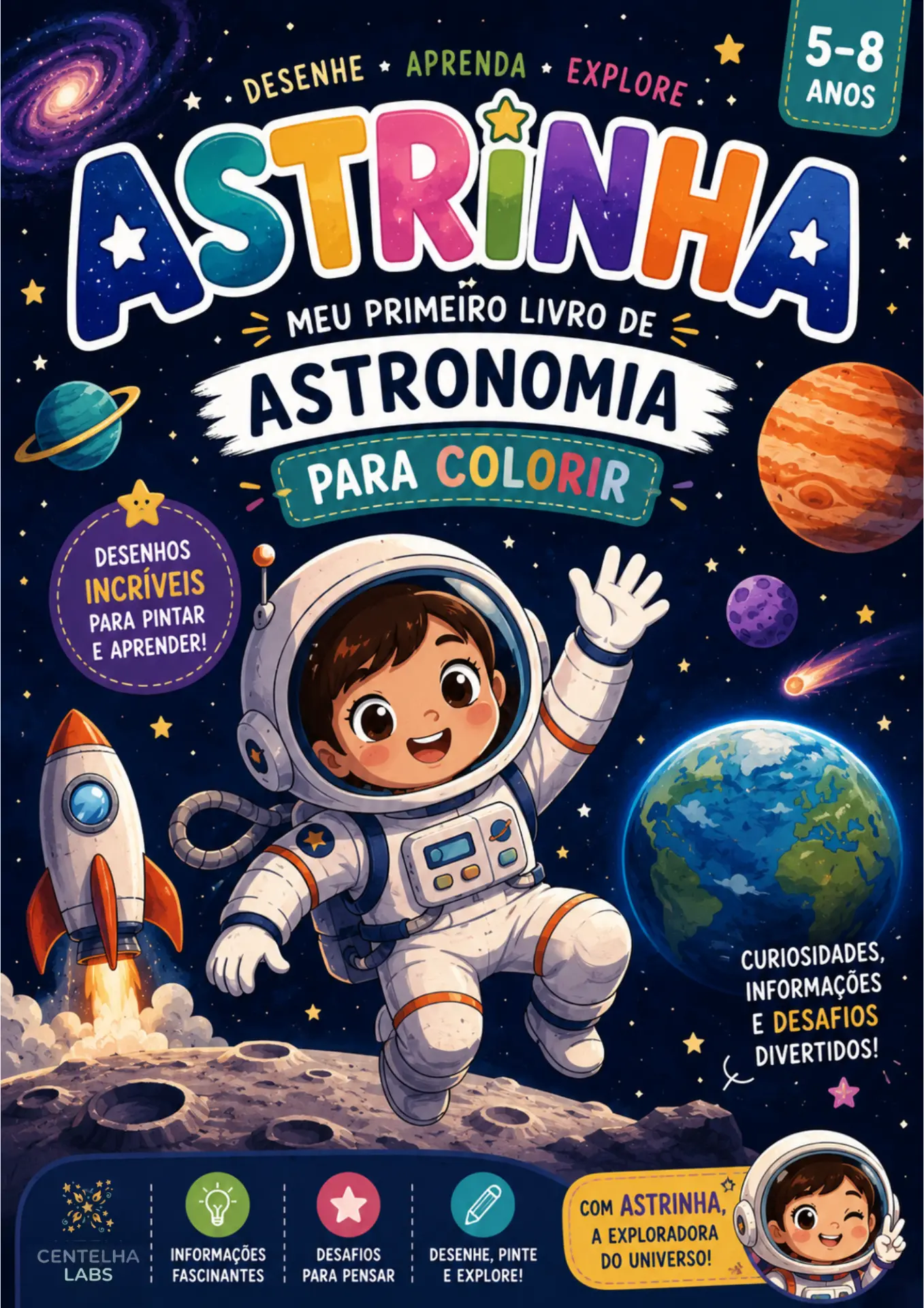 Capa do livro Astrinha, com a personagem astronauta explorando o espaço
